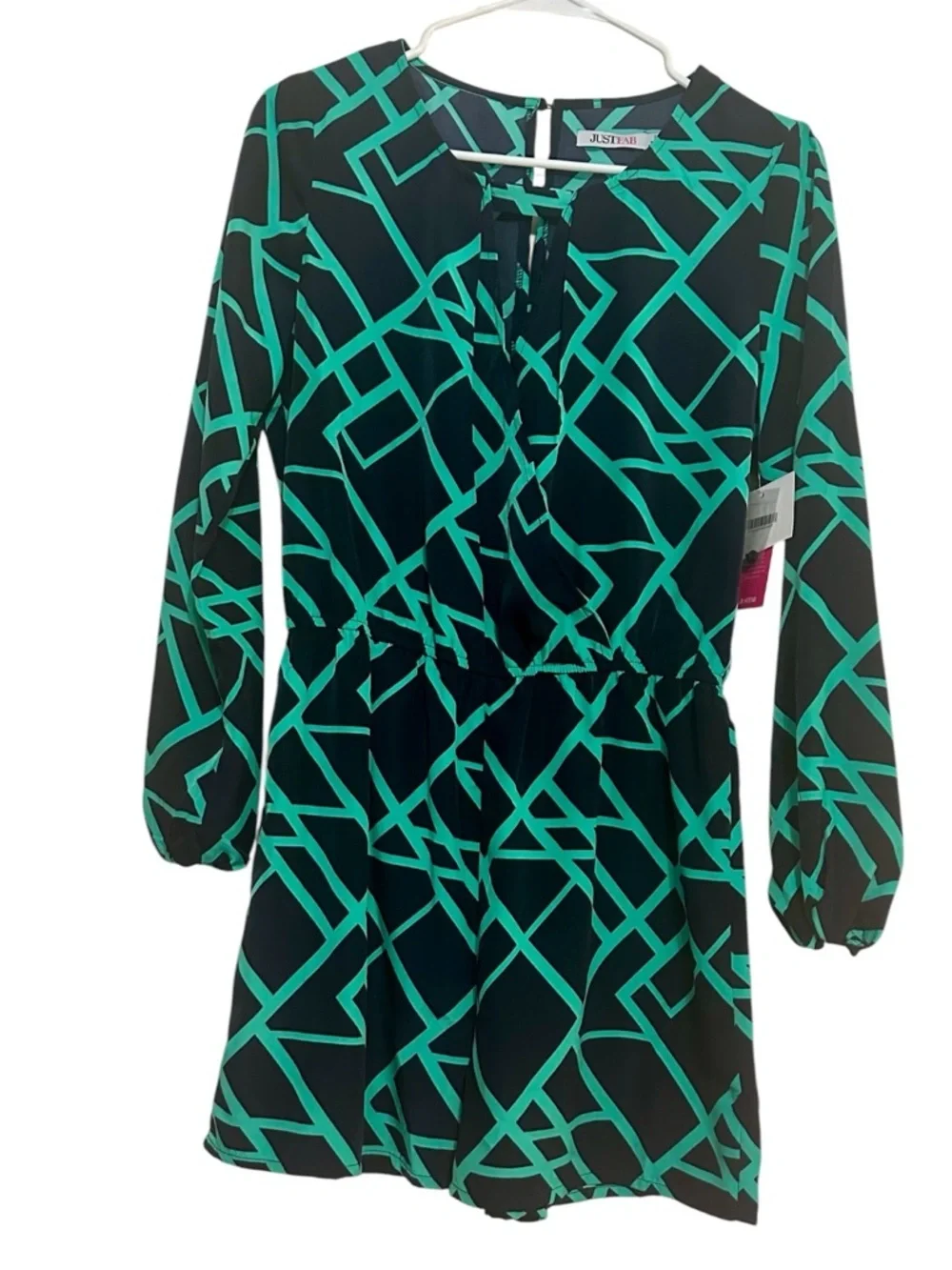 JustFab Romper Small Navy Green Geometric Faux Wrap Long Sleeve NWT - Picture 12 of 12